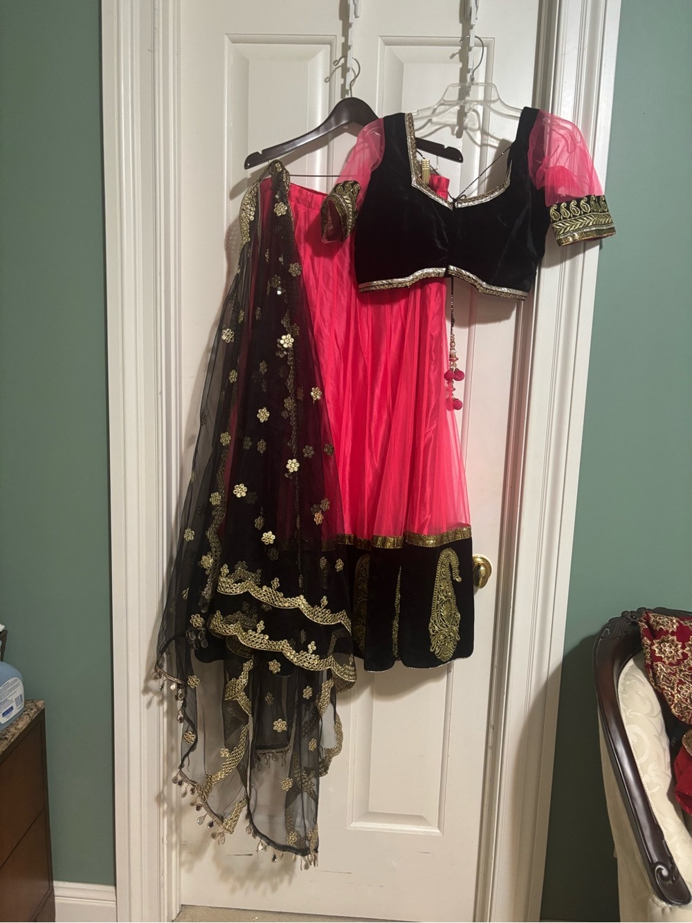 Black & Hot Pink Embellished Lehenga Set